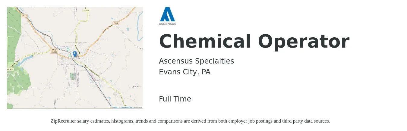 Ascensus Specialties job posting for a Chemical Operator in Evans City, PA with a salary of $17 to $20 Hourly with a map of Evans City location.