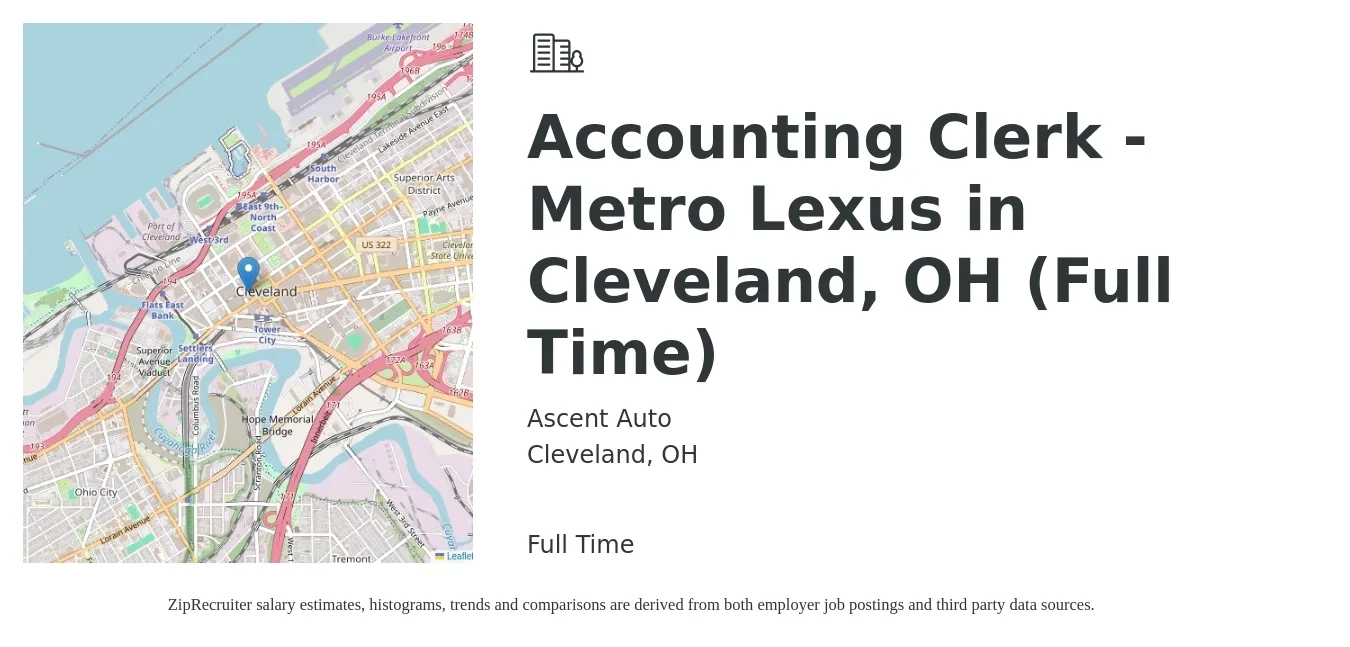Ascent Auto job posting for a Accounting Clerk - Metro Lexus in Cleveland, OH (Full Time) in Cleveland, OH with a salary of $18 to $23 Hourly with a map of Cleveland location.