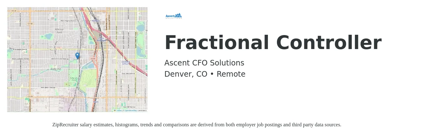 Ascent CFO Solutions job posting for a Fractional Controller in Denver, CO with a salary of $75 to $95 Hourly with a map of Denver location.