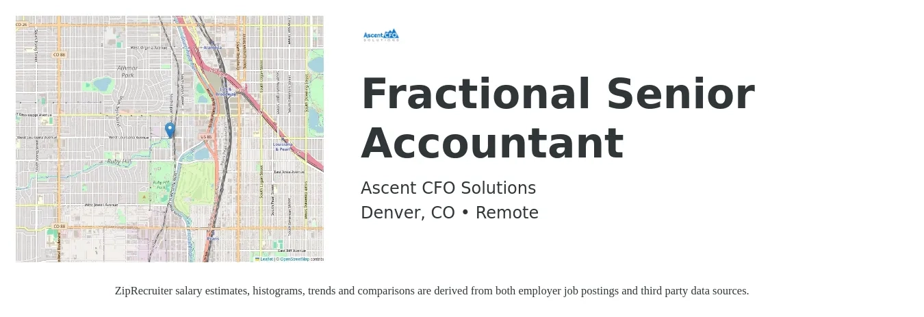 Ascent CFO Solutions job posting for a Fractional Senior Accountant in Denver, CO with a salary of $40 to $50 Hourly with a map of Denver location.