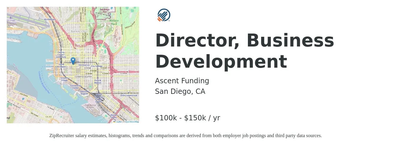 Ascent Funding job posting for a Director, Business Development in San Diego, CA with a salary of $100,000 to $150,000 Yearly with a map of San Diego location.