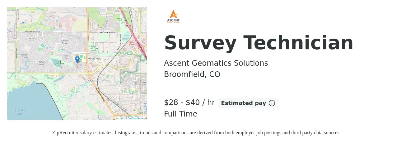 Ascent Geomatics Solutions job posting for a Survey Technician in Broomfield, CO with a salary of $30 to $42 Hourly with a map of Broomfield location.