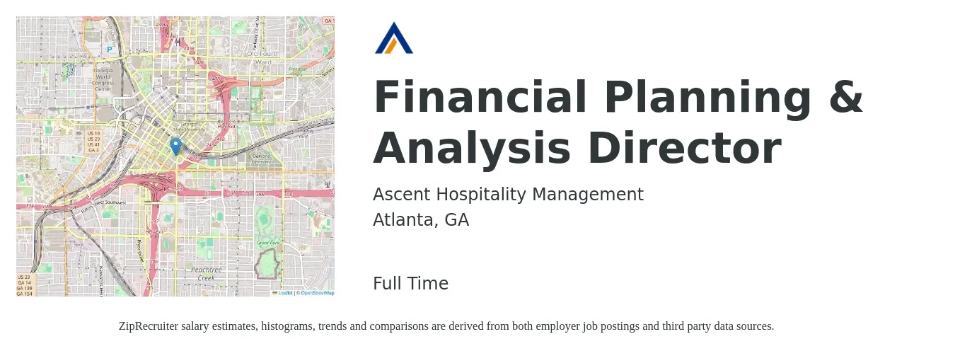 Ascent Hospitality Management job posting for a Financial Planning & Analysis Director in Atlanta, GA with a salary of $117,800 to $154,800 Yearly with a map of Atlanta location.