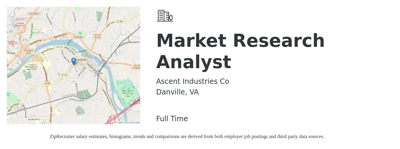 Ascent Industries Co job posting for a Market Research Analyst in Danville, VA with a salary of $51,100 to $82,200 Yearly with a map of Danville location.