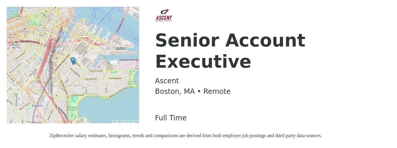 Ascent job posting for a Senior Account Executive in Boston, MA with a salary of $83,700 to $128,200 Yearly with a map of Boston location.