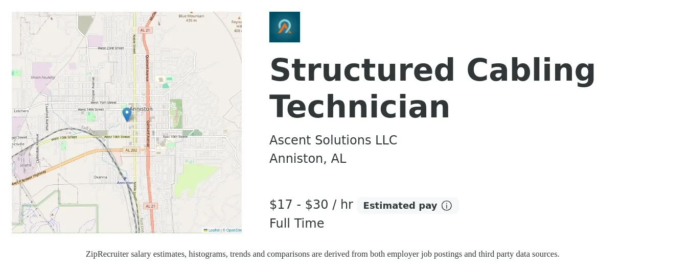 Ascent Solutions LLC job posting for a Structured Cabling Technician in Anniston, AL with a salary of $18 to $32 Hourly and benefits including pto, and retirement with a map of Anniston location.