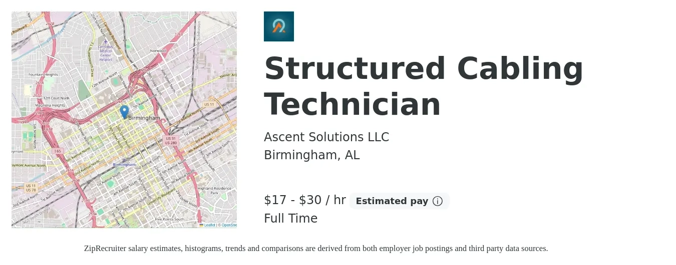 Ascent Solutions LLC job posting for a Structured Cabling Technician in Birmingham, AL with a salary of $18 to $32 Hourly and benefits including pto, and retirement with a map of Birmingham location.