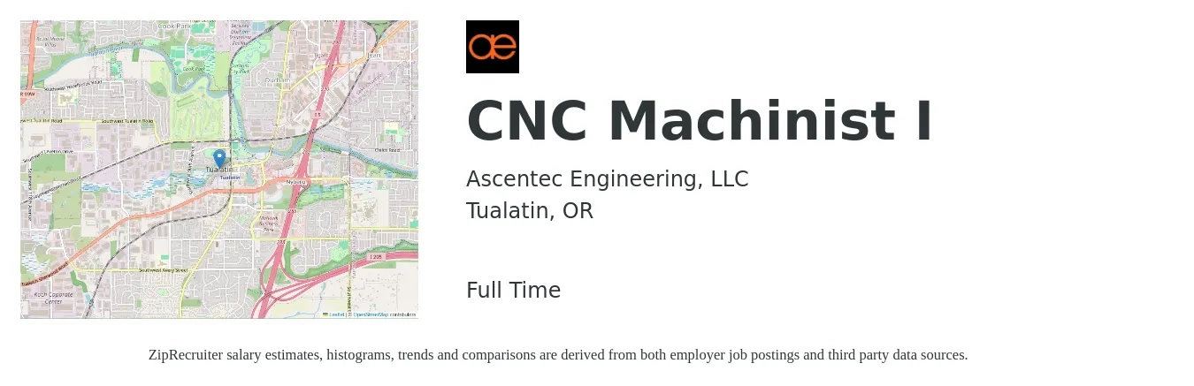 Ascentec Engineering, LLC job posting for a CNC Machinist I in Tualatin, OR with a salary of $21 to $29 Hourly with a map of Tualatin location.