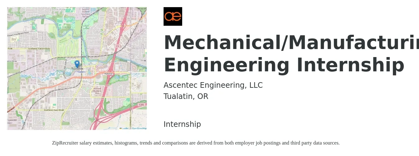 Ascentec Engineering, LLC job posting for a Mechanical/Manufacturing Engineering Internship in Tualatin, OR with a salary of $20 to $26 Hourly with a map of Tualatin location.