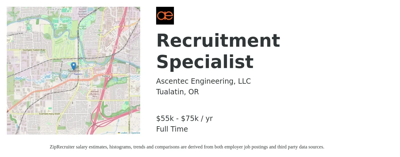 Ascentec Engineering LLC job posting for a Recruitment Specialist in Tualatin, OR with a salary of $42,200 to $70,300 Yearly with a map of Tualatin location.