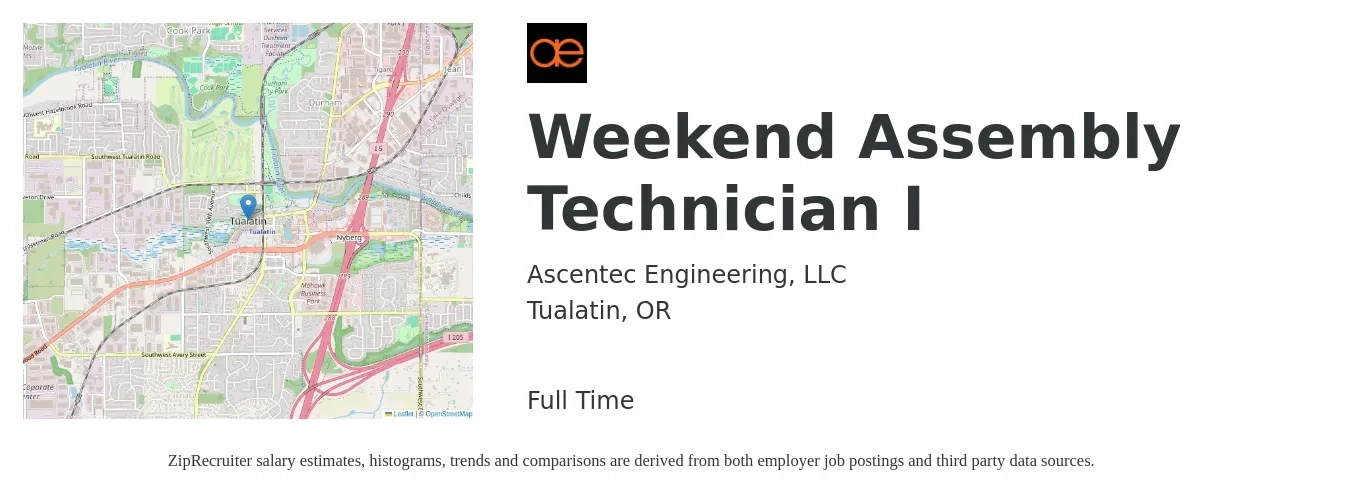 Ascentec Engineering, LLC job posting for a Weekend Assembly Technician I in Tualatin, OR with a salary of $18 to $23 Hourly with a map of Tualatin location.