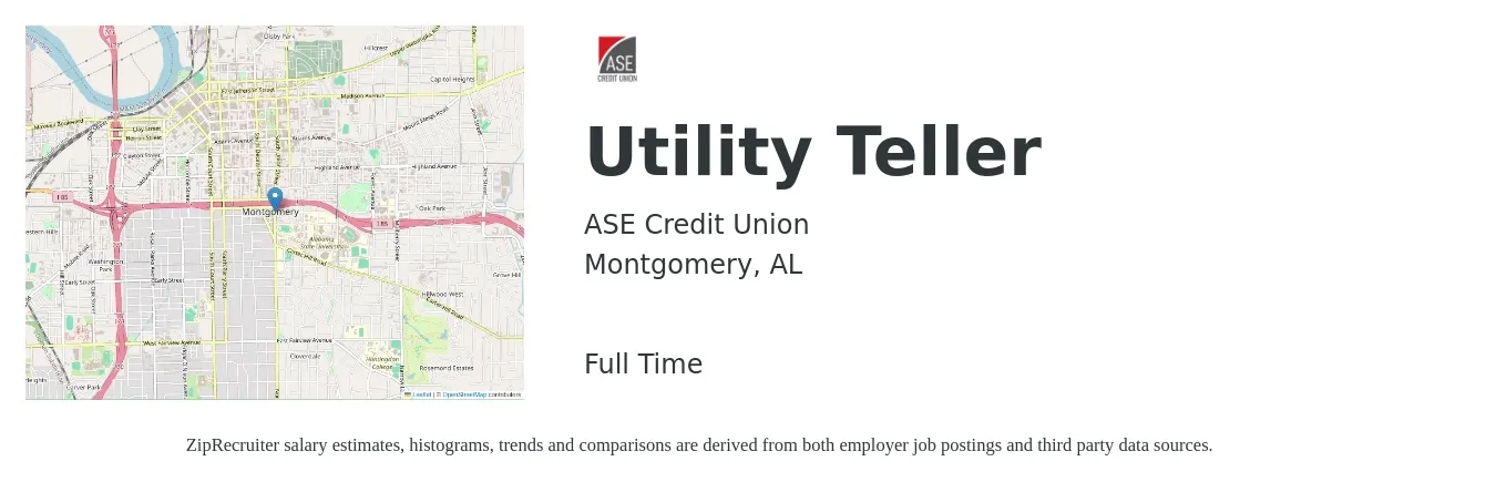 ASE Credit Union job posting for a Utility Teller in Montgomery, AL with a salary of $13 to $16 Hourly with a map of Montgomery location.