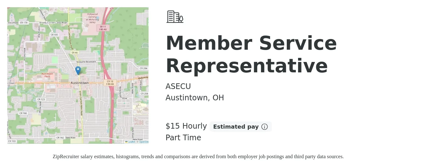 ASECU job posting for a Member Service Representative in Austintown, OH with a salary of $16 Hourly and benefits including pto with a map of Austintown location.