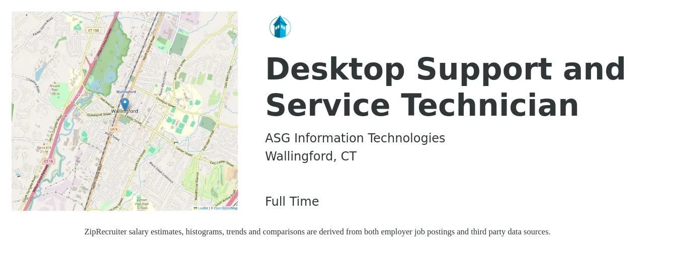 ASG Information Technologies job posting for a Desktop Support and Service Technician in Wallingford, CT with a salary of $20 to $26 Hourly with a map of Wallingford location.
