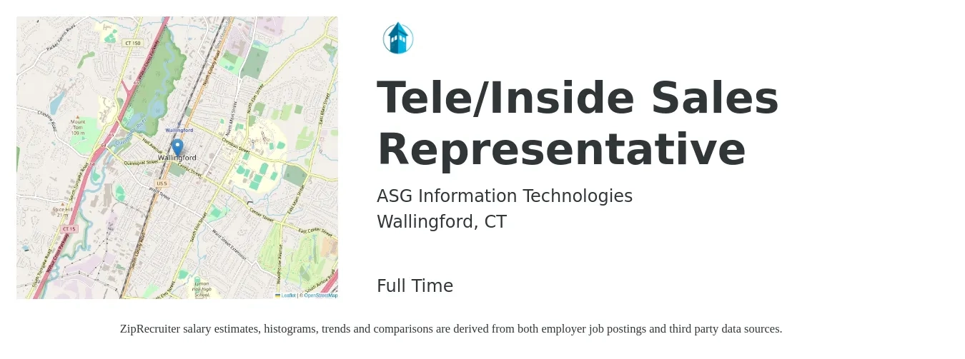 ASG Information Technologies job posting for a Tele/Inside Sales Representative in Wallingford, CT with a salary of $39,600 to $59,200 Yearly with a map of Wallingford location.