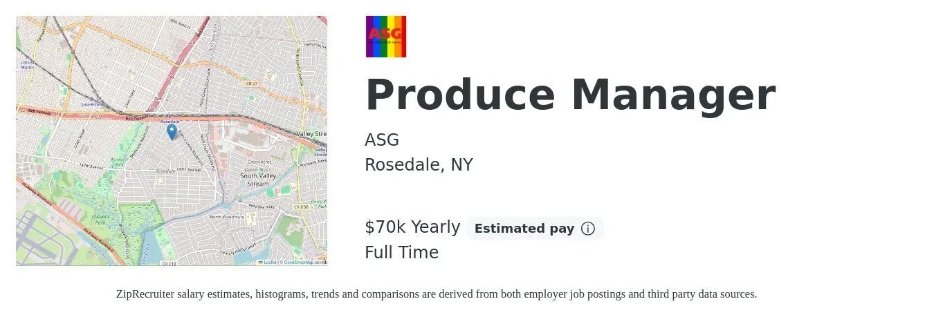 ASG job posting for a Produce Manager in Rosedale, NY with a salary of $70,000 Yearly with a map of Rosedale location.