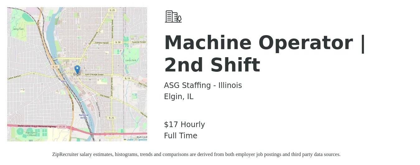 ASG Staffing - Illinois job posting for a Machine Operator | 2nd Shift in Elgin, IL with a salary of $18 Hourly with a map of Elgin location.