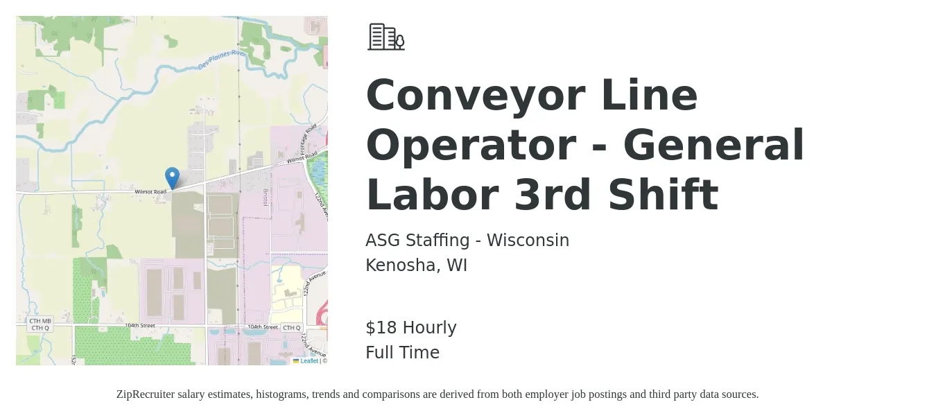ASG Staffing - Wisconsin job posting for a Conveyor Line Operator - General Labor 3rd Shift in Kenosha, WI with a salary of $20 Hourly with a map of Kenosha location.