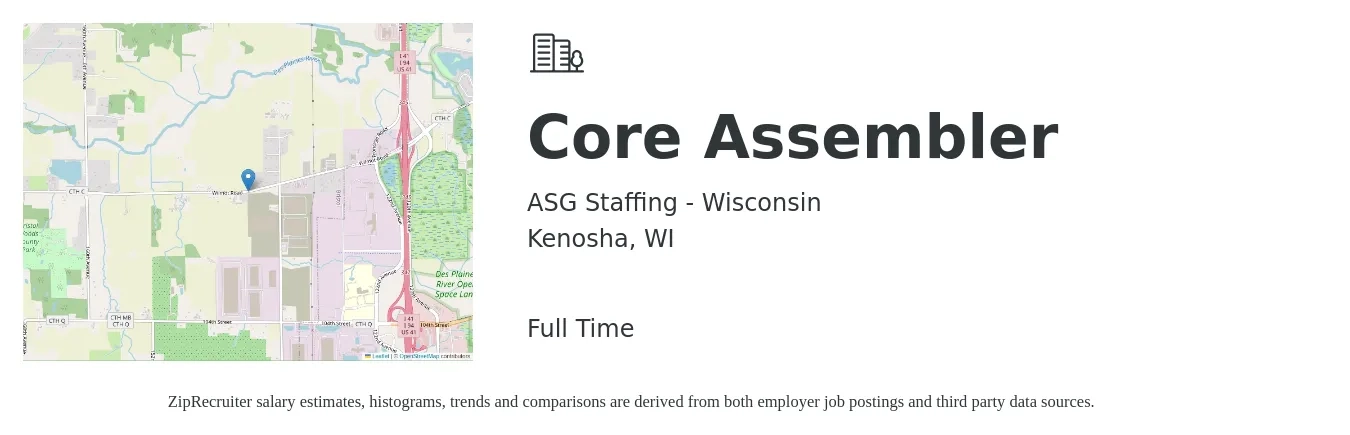 ASG Staffing - Wisconsin job posting for a Core Assembler in Kenosha, WI with a salary of $16 to $19 Hourly with a map of Kenosha location.