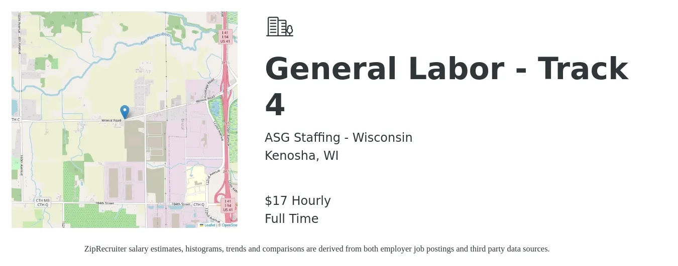 ASG Staffing - Wisconsin job posting for a General Labor - Track 4 in Kenosha, WI with a salary of $18 Hourly with a map of Kenosha location.