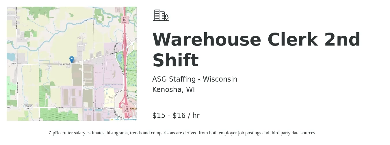 ASG Staffing - Wisconsin job posting for a Warehouse Clerk 2nd Shift in Kenosha, WI with a salary of $16 to $17 Hourly with a map of Kenosha location.