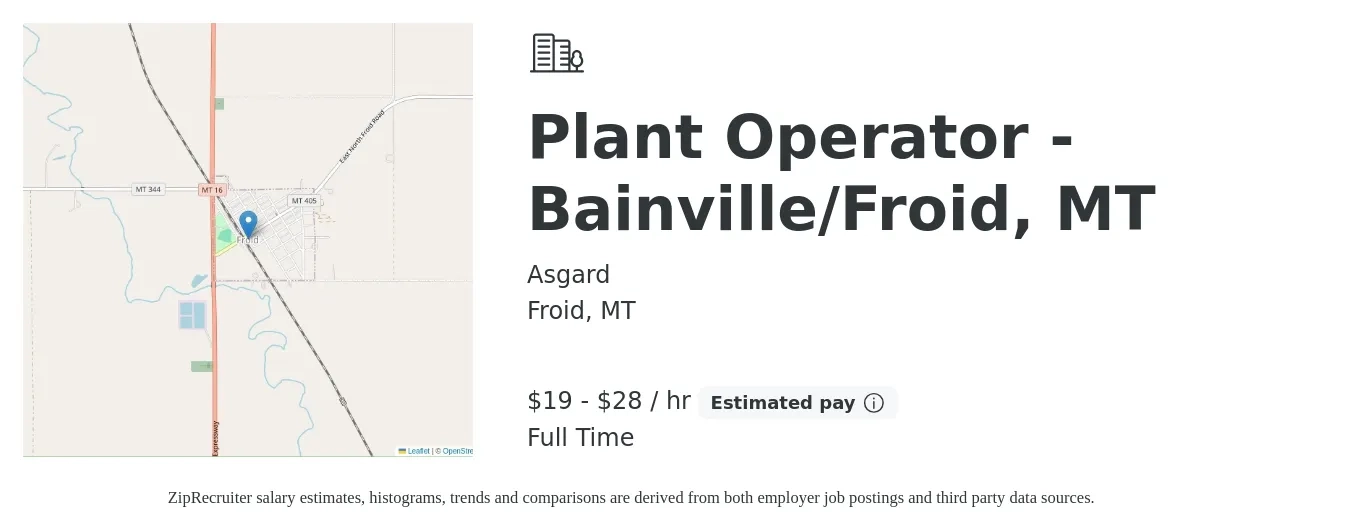 Asgard job posting for a Plant Operator - Bainville/Froid, MT in Froid, MT with a salary of $20 to $30 Hourly with a map of Froid location.