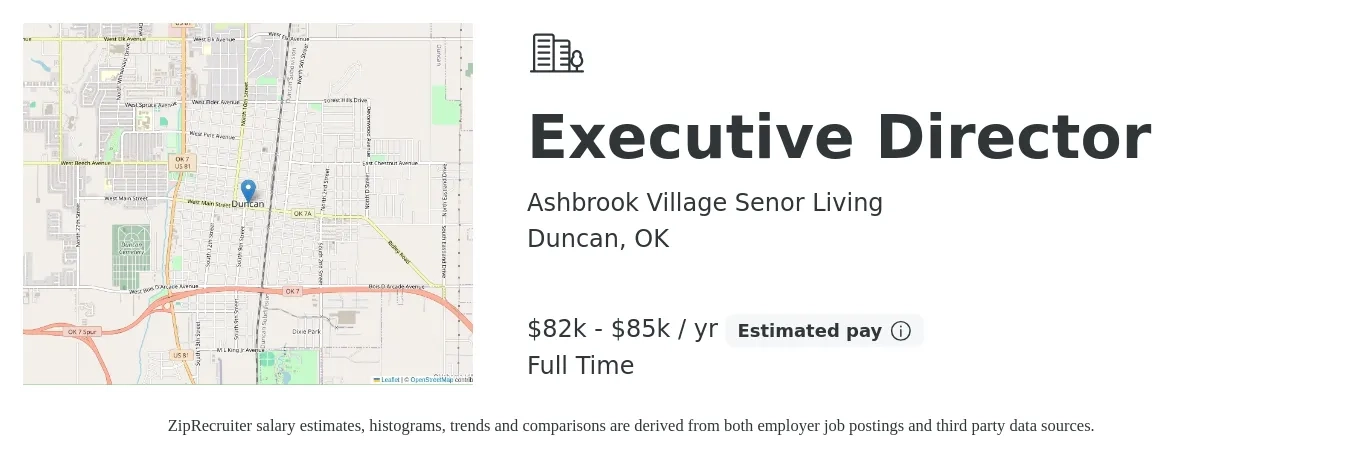 Ashbrook Village Senor Living job posting for a Executive Director in Duncan, OK with a salary of $82,000 to $85,000 Yearly with a map of Duncan location.