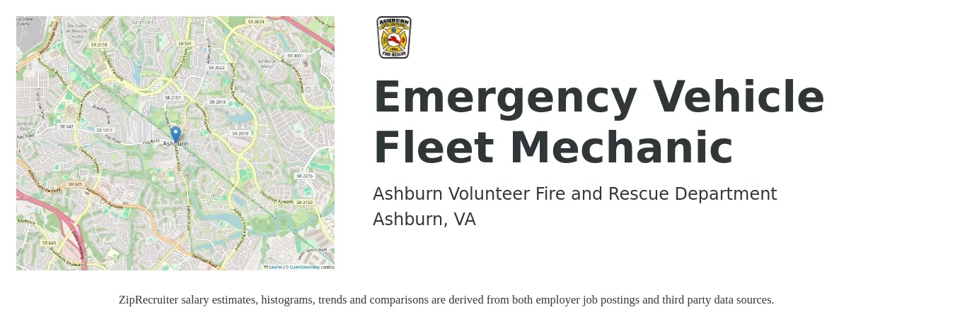Ashburn Volunteer Fire and Rescue Department job posting for a Emergency Vehicle Fleet Mechanic in Ashburn, VA with a salary of $55,000 to $100,000 Yearly with a map of Ashburn location.