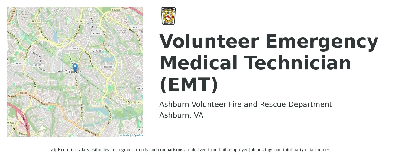 Ashburn Volunteer Fire and Rescue Department job posting for a Volunteer Emergency Medical Technician (EMT) in Ashburn, VA with a salary of $18 to $24 Hourly with a map of Ashburn location.