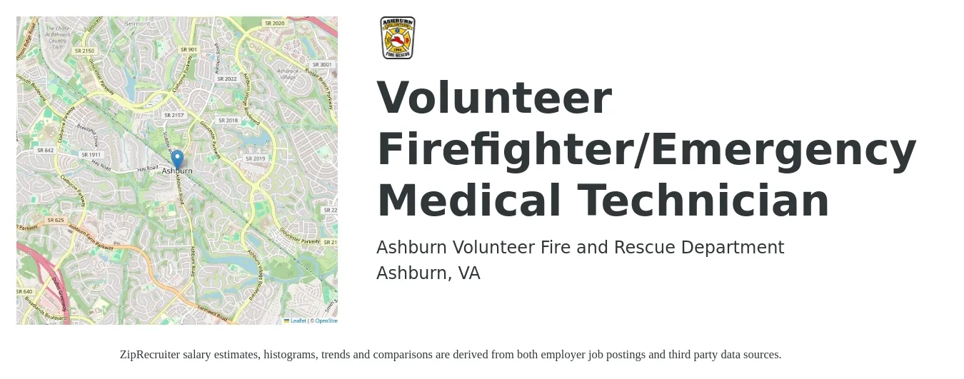 Ashburn Volunteer Fire and Rescue Department job posting for a Volunteer Firefighter/Emergency Medical Technician in Ashburn, VA with a salary of $17 to $23 Hourly with a map of Ashburn location.