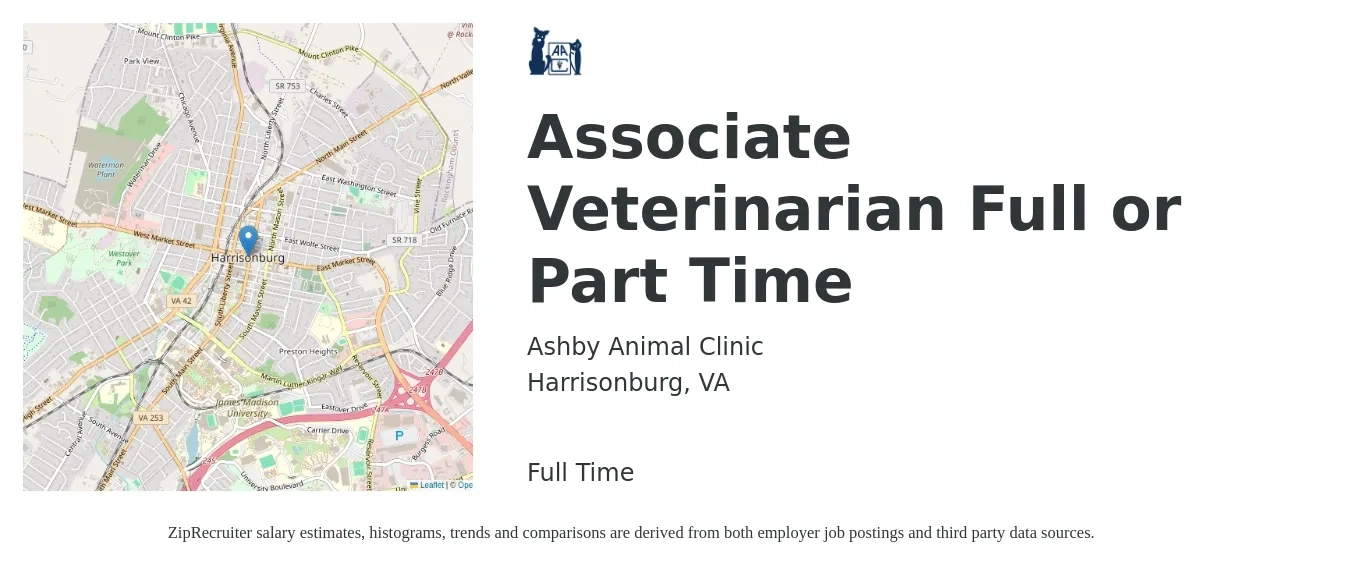 Ashby Animal Clinic job posting for a Associate Veterinarian Full or Part Time in Harrisonburg, VA with a salary of $95,500 to $154,200 Yearly with a map of Harrisonburg location.