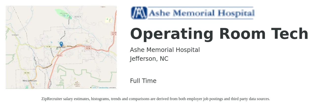 Ashe Memorial Hospital job posting for a Operating Room Tech in Jefferson, NC with a salary of $1,260 to $1,890 Weekly with a map of Jefferson location.