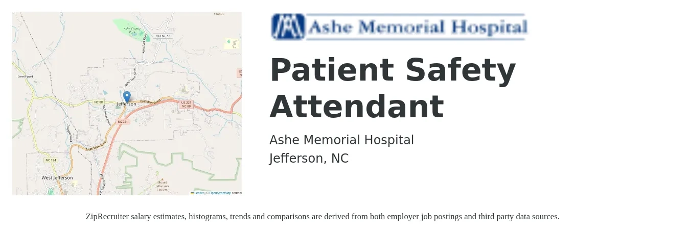Ashe Memorial Hospital job posting for a Patient Safety Attendant in Jefferson, NC with a salary of $14 to $16 Hourly with a map of Jefferson location.
