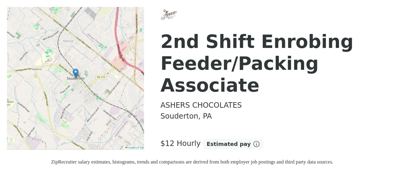 ASHERS CHOCOLATES job posting for a 2nd Shift Enrobing Feeder/Packing Associate in Souderton, PA with a salary of $13 Hourly with a map of Souderton location.