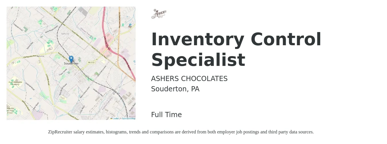 ASHERS CHOCOLATES job posting for a Inventory Control Specialist in Souderton, PA with a salary of $18 to $24 Hourly with a map of Souderton location.