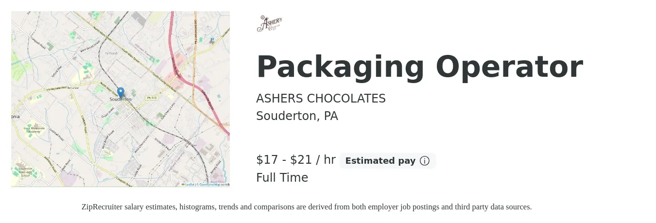 ASHERS CHOCOLATES job posting for a Packaging Operator in Souderton, PA with a salary of $18 to $22 Hourly with a map of Souderton location.