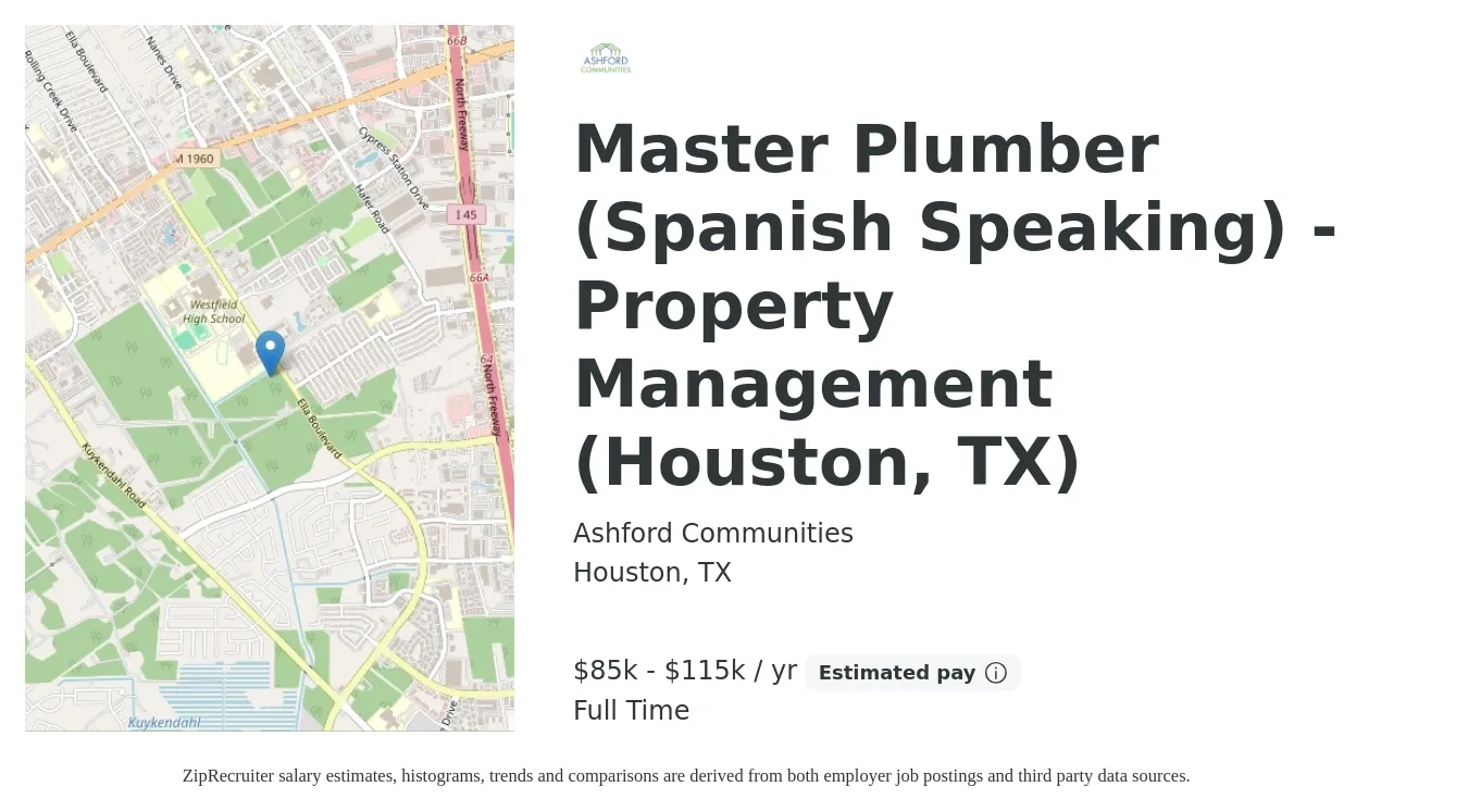 Ashford Communities job posting for a Master Plumber (Spanish Speaking) - Property Management (Houston, TX) in Houston, TX with a salary of $85,000 to $115,000 Yearly with a map of Houston location.