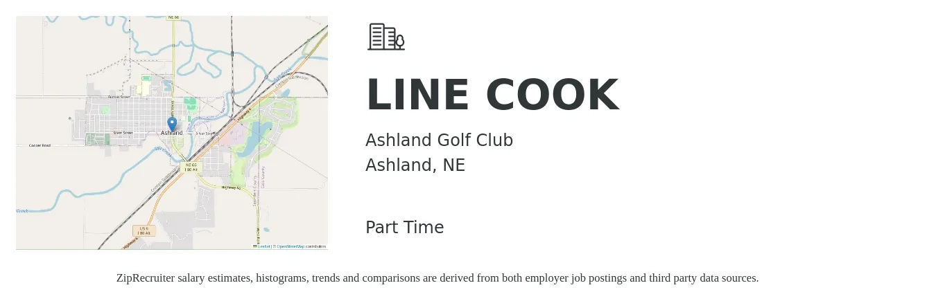 Ashland Golf Club job posting for a LINE COOK in Ashland, NE with a salary of $15 to $19 Hourly with a map of Ashland location.
