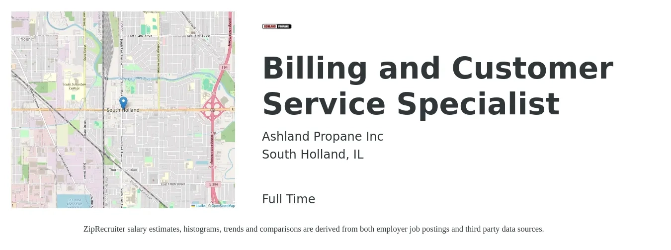 Ashland Propane Inc job posting for a Billing and Customer Service Specialist in South Holland, IL with a salary of $16 to $20 Hourly with a map of South Holland location.