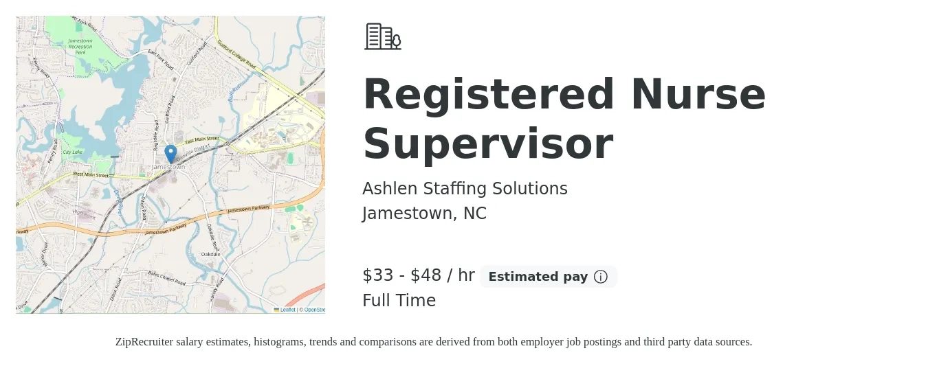 Ashlen Staffing Solutions job posting for a Registered Nurse Supervisor in Jamestown, NC with a salary of $35 to $50 Hourly with a map of Jamestown location.