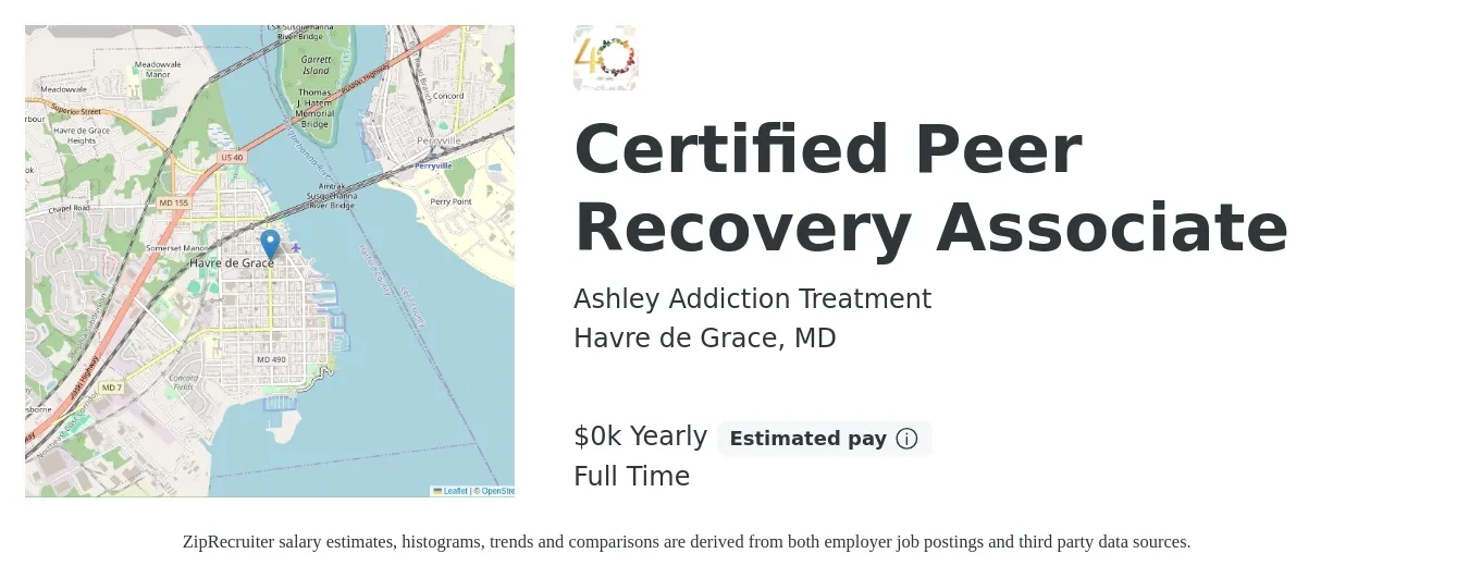 Ashley Addiction Treatment job posting for a Certified Peer Recovery Associate in Havre de Grace, MD with a salary of $21 to $24 Yearly with a map of Havre de Grace location.