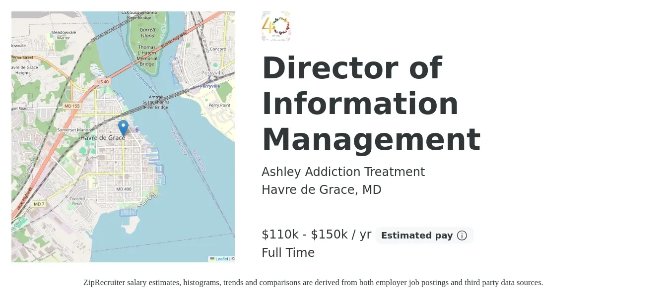 Ashley Addiction Treatment job posting for a Director of Information Management in Havre de Grace, MD with a salary of $110,000 to $150,000 Yearly with a map of Havre de Grace location.
