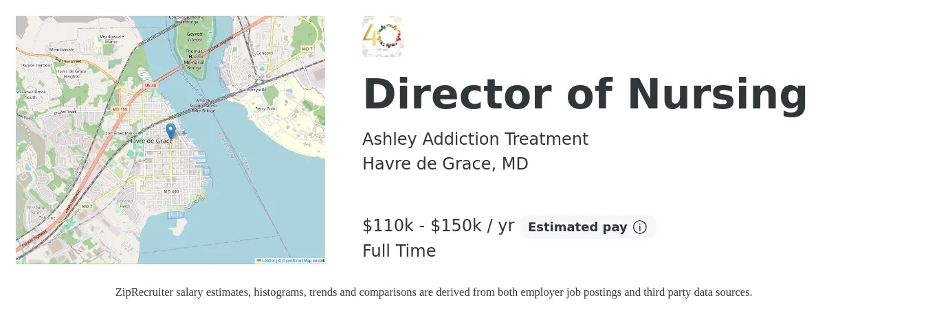 Ashley Addiction Treatment job posting for a Director of Nursing in Havre de Grace, MD with a salary of $110,000 to $150,000 Yearly with a map of Havre de Grace location.