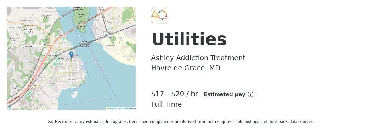 Ashley Addiction Treatment job posting for a Utilities in Havre de Grace, MD with a salary of $18 to $21 Hourly with a map of Havre de Grace location.