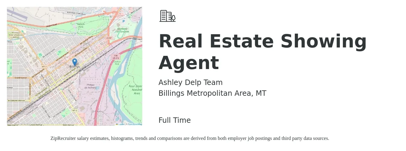 Ashley Delp Team job posting for a Real Estate Showing Agent in Billings Metropolitan Area, MT with a salary of $59,100 to $98,400 Yearly with a map of Billings Metropolitan Area location.