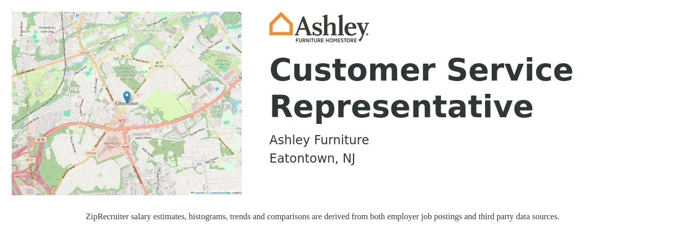 Ashley Furniture job posting for a Customer Service Representative in Eatontown, NJ with a salary of $16 to $22 Hourly with a map of Eatontown location.
