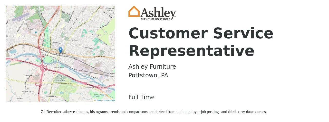 Ashley Furniture job posting for a Customer Service Representative in Pottstown, PA with a salary of $16 to $21 Hourly with a map of Pottstown location.