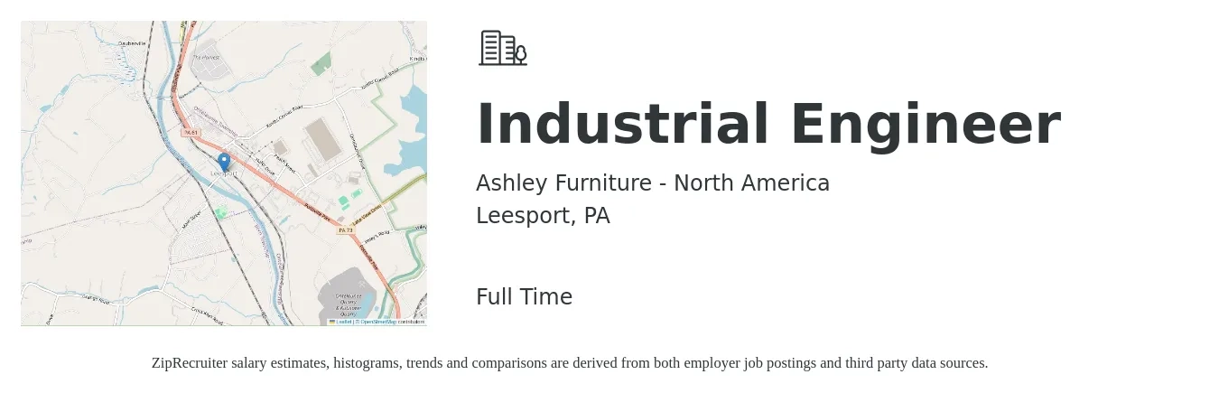 Ashley Furniture - North America job posting for a Industrial Engineer in Leesport, PA with a salary of $35 to $40 Hourly with a map of Leesport location.