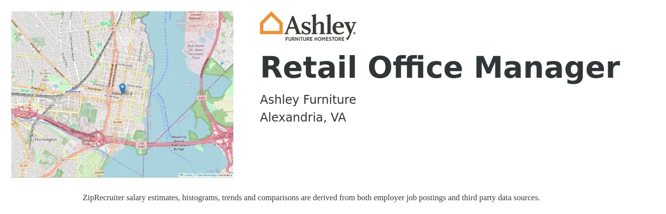 Ashley Furniture job posting for a Retail Office Manager in Alexandria, VA with a salary of $26 Hourly with a map of Alexandria location.