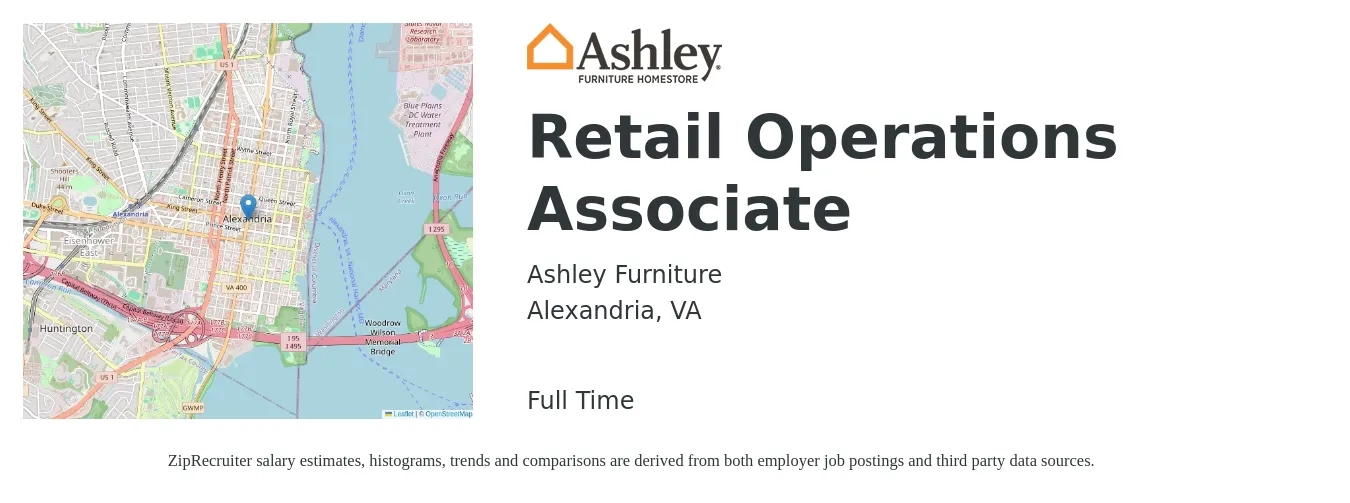 Ashley Furniture job posting for a Retail Operations Associate in Alexandria, VA with a salary of $18 to $24 Hourly with a map of Alexandria location.